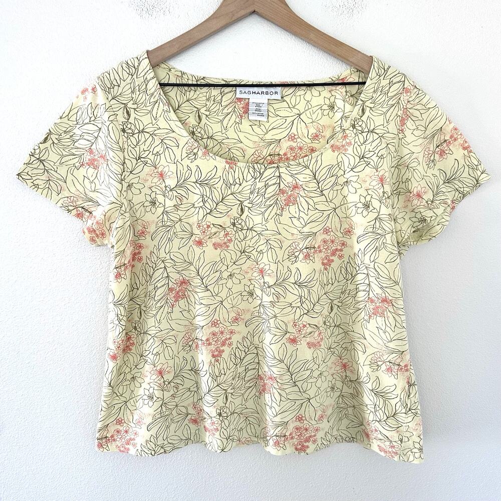 Vintage 90s 100% Cotton Sag Harbor T Shirt Botanical Yellow Coastal Butter Mom